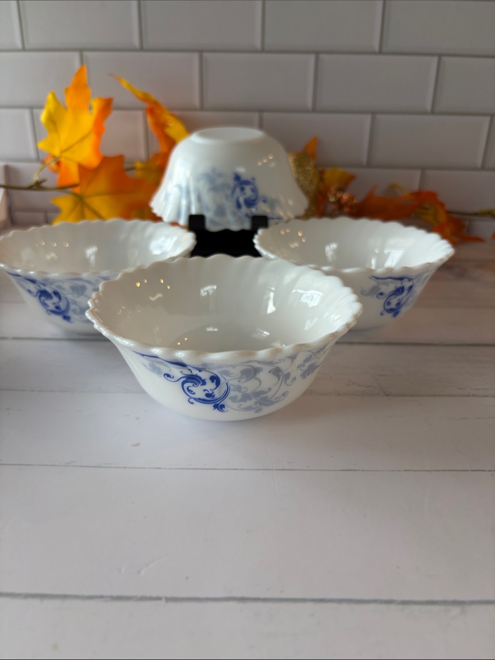 White Porcelain Scalloped Serving Bowls with Blue Floral Scroll - Set of 4